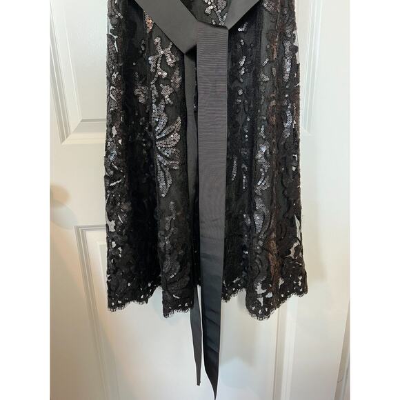Tadashi Shoji Sequin Illusion Midi Dress Womens Sz 10 Mesh Belted Black Cocktail - Picture 4 of 12